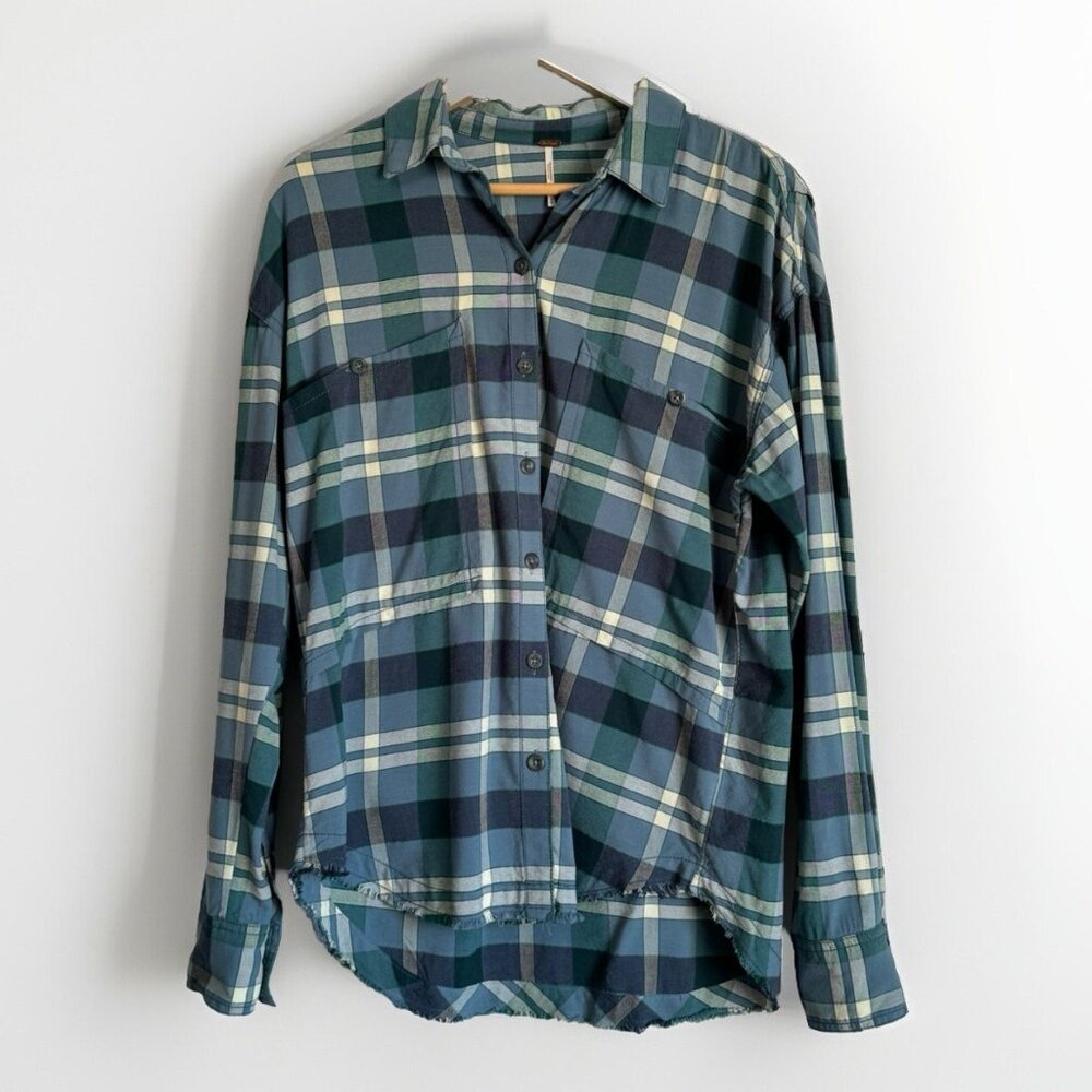 Free People Loveland Blue Plaid Top Sz Small Button Up Frayed Hem Boho Country